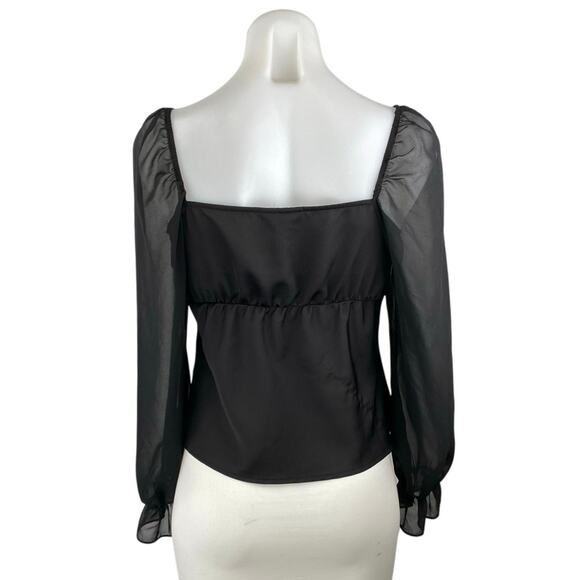 Topshop Women's Black Ruffle Ruched Front Sheer Long Puff Sleeve Blouse Top Sz 4 - Picture 3 of 5